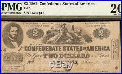 1862 $2 Two Dollar Confederate States Currency CIVIL War Note Money T-42 Pmg