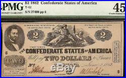 1862 $2 Two Dollar Confederate States Currency CIVIL War Note Money T-42 Pmg 45