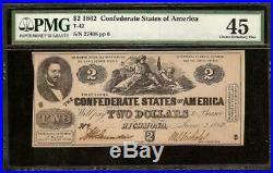 1862 $2 Two Dollar Confederate States Currency CIVIL War Note Money T-42 Pmg 45