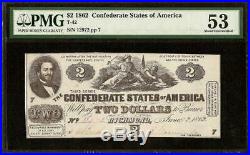 1862 $2 Two Dollar Confederate States Currency CIVIL War Note Money T-42 Pmg 53