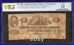 1862 $2 Two Dollar Green Over Print Confederate Note CIVIL War Money T-43 Pcgs