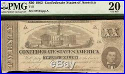1862 $20 Dollar Bill Confederate States Currency CIVIL War Note Money T-51 Pmg