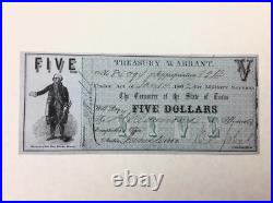 1862 $5 Texas Confederate Civil War Warrant for Military Service UNCANCELLED