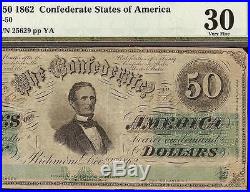 1862 $50 Dollar Bill Confederate States Currency CIVIL War Note Scarcer T-50 Pmg