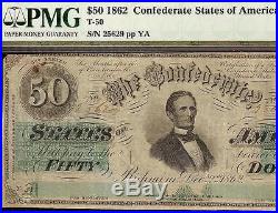 1862 $50 Dollar Bill Confederate States Currency CIVIL War Note Scarcer T-50 Pmg