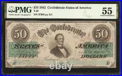 1862 $50 Dollar Confederate States Currency CIVIL War Note Better T-50 Pmg 55