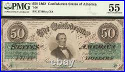 1862 $50 Dollar Confederate States Currency CIVIL War Note Better T-50 Pmg 55