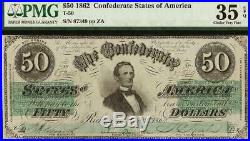 1862 $50 Dollar Confederate States Currency CIVIL War Note T-50 Pf-9 Pmg 35 Epq