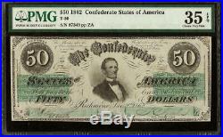 1862 $50 Dollar Confederate States Currency CIVIL War Note T-50 Pf-9 Pmg 35 Epq