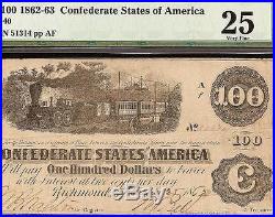 1862-63 $100 Dollar Bill Confederate States Currency CIVIL War Note T-40 Pmg 25