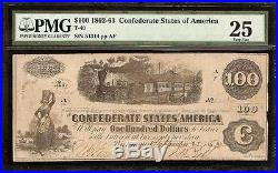 1862-63 $100 Dollar Bill Confederate States Currency CIVIL War Note T-40 Pmg 25