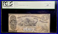 1862 Baton Rouge Louisiana Confederate States $5 Banknote Civil War, PCGS XF 45