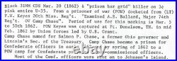 1862 Civil War Prisoner of War Camp Chase Confederate Captured Dover Tennessee