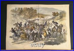 1862 Civil War Slavery Masses Driven South by Confederate Soldiers Hand Colored