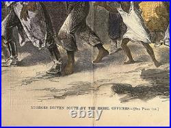 1862 Civil War Slavery Masses Driven South by Confederate Soldiers Hand Colored