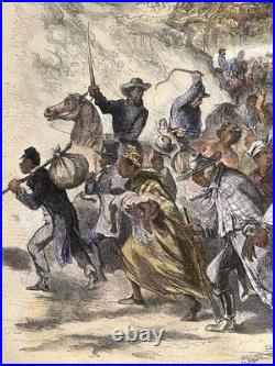 1862 Civil War Slavery Masses Driven South by Confederate Soldiers Hand Colored