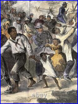 1862 Civil War Slavery Masses Driven South by Confederate Soldiers Hand Colored