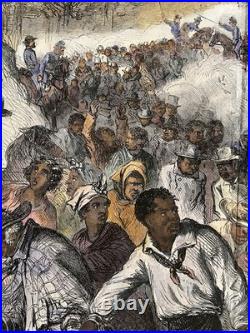 1862 Civil War Slavery Masses Driven South by Confederate Soldiers Hand Colored