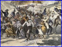 1862 Civil War Slavery Masses Driven South by Confederate Soldiers Hand Colored