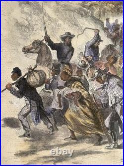 1862 Civil War Slavery Masses Driven South by Confederate Soldiers Hand Colored