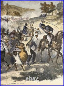 1862 Civil War Slavery Masses Driven South by Confederate Soldiers Hand Colored