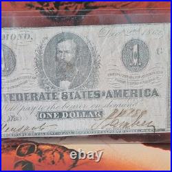 1862 Confederate $1 Note Richmond VA Dec 2 T-55 Style Civil War Currency Signed