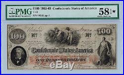 1862 Confederate States of America One Hundred Dollar Bill $100 Civil War PMG 58