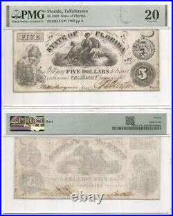 1862 FLORIDA Tallahassee $5 Confederate State Banknote FLCR14 Civil War PMG VF20