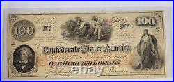 1862 One Hundred Dollar Civil War Era Confederate States of America issued unc