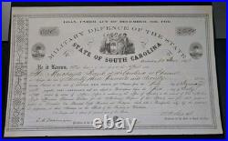 1862 SC Civil War Confederate Bond Military Defence Stock Certificate