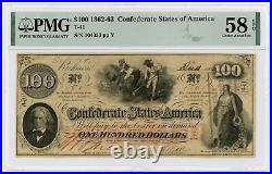 1862 T-41 $100 Confederate States of America Note CIVIL WAR Era PMG AU 58 EPQ
