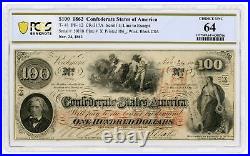 1862 T-41 $100 The Confederate States of America Note CIVIL WAR Era PCGS CU 64
