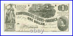 1862 T-44 $1 The Confederate States of America Note CIVIL WAR Era