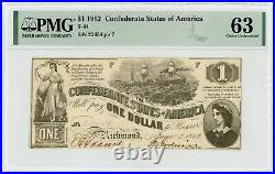 1862 T-44 $1 The Confederate States of America Note CIVIL WAR Era PMG Ch. CU 63