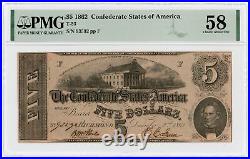 1862 T-53 $5 The Confederate States of America Note CIVIL WAR Era PMG Ch. AU 58
