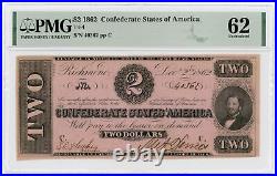 1862 T-54 $2 The Confederate States of America Note CIVIL WAR Era PMG UNC 62