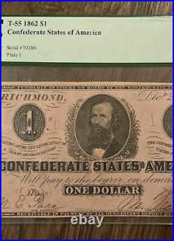 1862 T-55 $1 Confederate States Of America Note CIVIL WAR era PCGS EX Fine 45