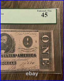 1862 T-55 $1 Confederate States Of America Note CIVIL WAR era PCGS EX Fine 45