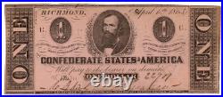 1863 $1 Confederate States of America T-62 Banknote Crisp AU! Civil War Era