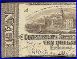 1863 $10 Dollar Bill Confederate States Currency CIVIL War Note Paper Money T-59