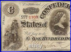 1863 $100 Dollar Confederate States Currency CIVIL War Note Paper Money T-56 Au