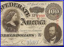 1863 $100 Dollar Confederate States Currency CIVIL War Note Paper Money T-56 Au