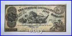 1863 $5 Dollar Louisiana Confederate Note Civil War Era