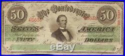 1863 $50 Dollar Bill Confederate States Currency CIVIL War Csa Note Money T-57