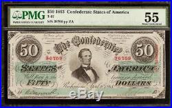 1863 $50 Dollar Bill Confederate States Currency CIVIL War Note Money T57 Pmg 55
