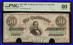 1863 $50 Dollar Confederate States Currency CIVIL War Note Money T-57 Pmg 40
