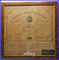 1863 Civil War $500 Confederate Bond withCoupons Issued At Houston, Texas Framed