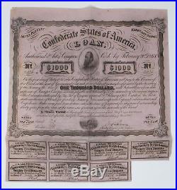 1863 Civil War Confederate $1000 Bond CR-122 Stonewall Jackson Pink Paper