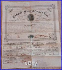 1863 Confederate CIVIL War $500 Bond With All 10 Coupons Soldier At Center