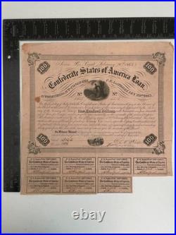 1863 Confederate States $100 7% Loan Bond w Coupons Civil War CSA